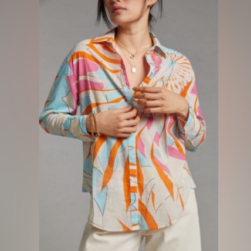 Anthropologie Maeve Katia Multicolor Button Down Cotton Shirt, Long Sleeve, XS